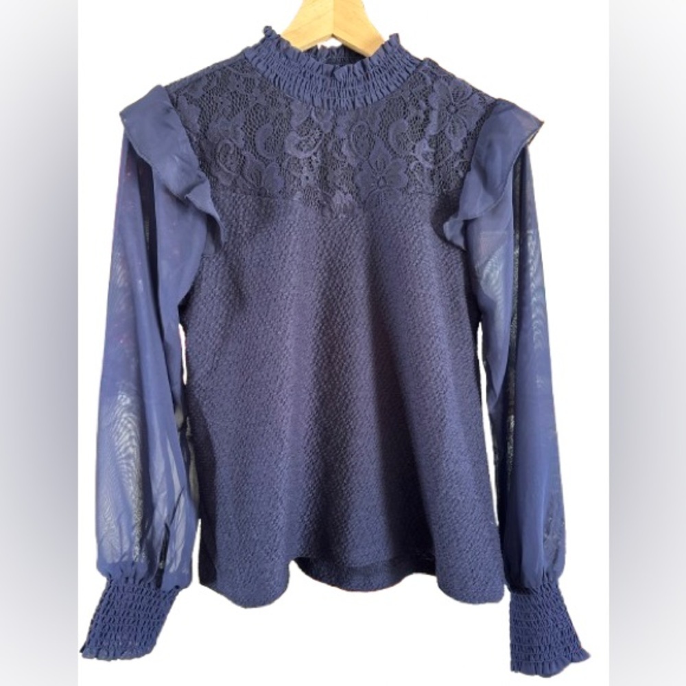 Cable & Gauge Navy Lace Blouse with Sheer Sleeves Small